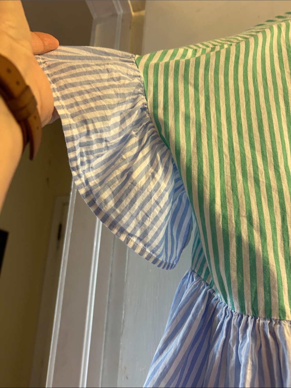 Entro Green & Blue Striped Ruffle Button-Front Blouse - Picture 3 of 7